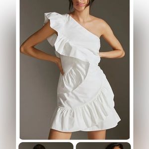 Anthropologie Maeve White Dress. Size: 14. NWT. One Shoulder. Ruffle.